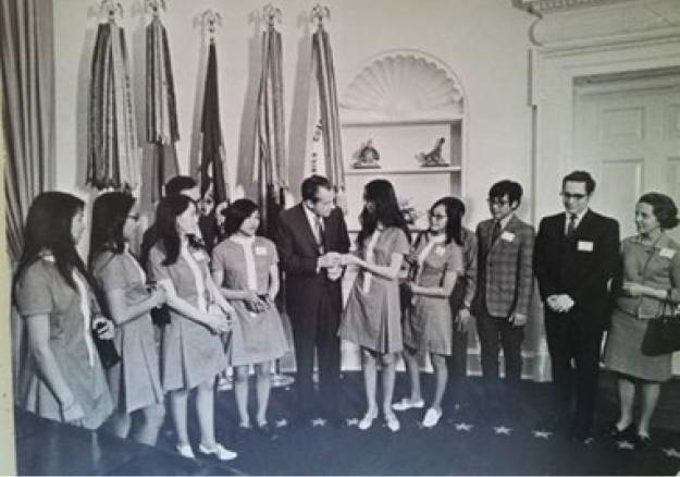 Unalakleet high school students meet President Nixon in the Oval Office. To the immediate right of President Nixon is the late BSNC Board Director Martha Aarons.